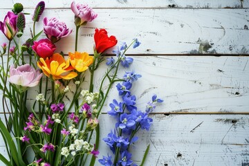 Fresh spring flowers on white wooden boards, textured background, horizontal with copy-space