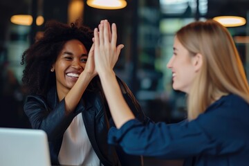 Friendly high five between a businesswoman and her colleague, a sign of encouragement and positive...