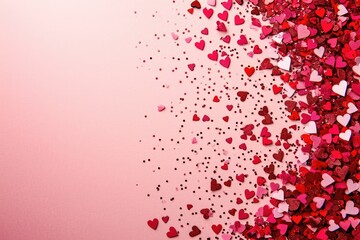 Heart-shaped confetti scattered on a Valentine's Day background, horizontal with ample copy-space