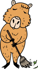 Adorable Capybara Sweeping the Floor Cartoon Vector Illustration