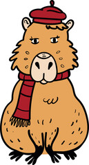 Cartoon Capybara in a Red French Beret and Scarf Vector Illustration