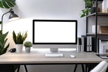 Minimalist private office with a sleek computer desk and white-screen PC, modern vibe