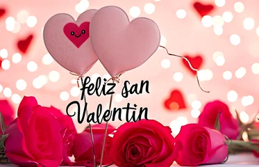 Fotobehang Nota de amor por el día de san Valentín con rosas rojas y globos  © Mprince