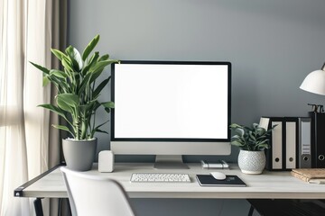 Private office room designed with minimalism, featuring a computer desk and white-screen PC