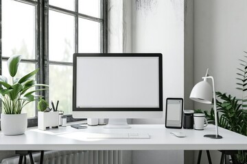Private office space with a modern computer desk and white-screen PC, minimal aesthetics