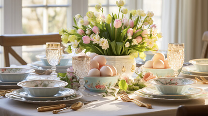 Fototapeta na wymiar Easter Sunday brunch dinning table decorations.