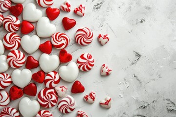 Red and white Valentine's Day themed candies on a background, horizontal with copy-space