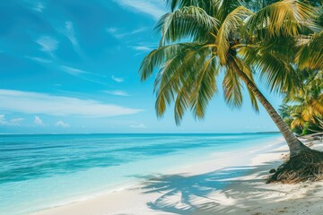Relaxing beach getaway with coco palms, turquoise blue water, and a peaceful blue sky