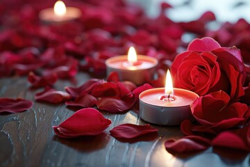 Rose petals and candles Valentine's Day background, romantic ambiance, horizontal with copy-space