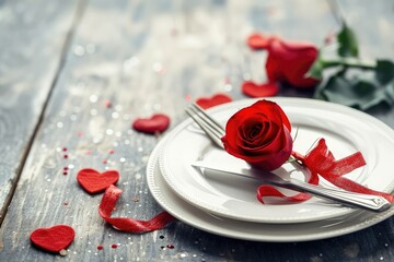 Valentine's Day themed table setting, romantic dinner background, horizontal with copy-space
