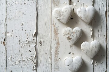 White wooden boards with heart-shaped decorations, texture as background, horizontal with copy-space