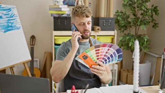 A young caucasian man with a beard in a studio examines a color swatch while talking on the phone, suggesting a creative design process.