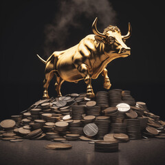 Bullish stocks or investments bull standing on stack of silver coins - obrazy, fototapety, plakaty