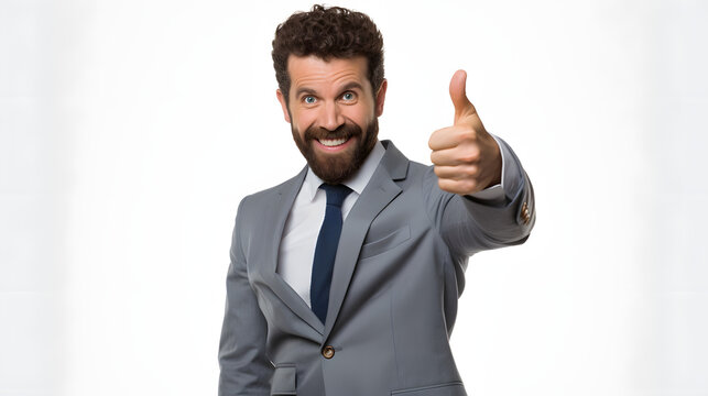 a happy businessman giving thumbs up in a suit on white background
