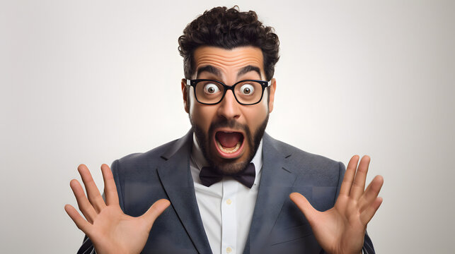  a man in a suit, glasses, and tie makes an unexpectedly surprised face with hands up toward the camera on white background.