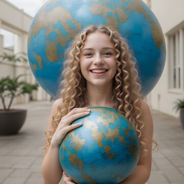 World Earth Day Celebration : A  girl passionately hugging a model of Earth Sphere giving the message to protect and love the earth and environment