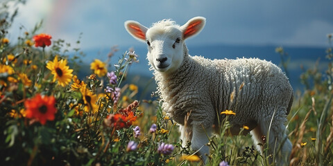 Fototapeta premium Sheep in a meadow with flowers and rainbow in the background