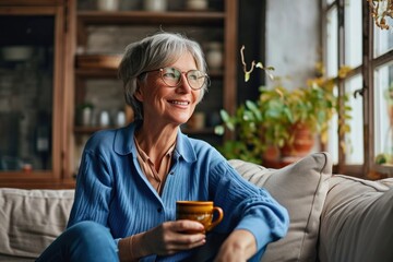 Smiling mature elder 60s woman sitting relaxing with cup of tea, coffee. Senior mid age stylish look woman with eyeglasses portrait with cup looking away at modern, Generative AI  - Powered by Adobe