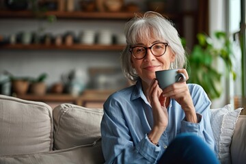 Smiling mature elder 60s woman sitting relaxing with cup of tea, coffee. Senior mid age stylish look woman with eyeglasses portrait with cup looking away at modern, Generative AI  - obrazy, fototapety, plakaty