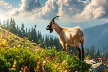 Beautiful summer landscape with a goat.