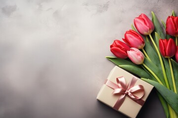Happy Valentines day and love decoration concept. Fresh tulips bouquet and gift box