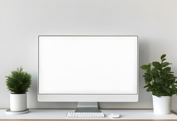 Work place concept : Mock up Blank screen computer desktop with keyboard in cafe or co-working...
