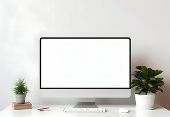 Work place concept : Mock up Blank screen computer desktop with keyboard in cafe or co-working background.