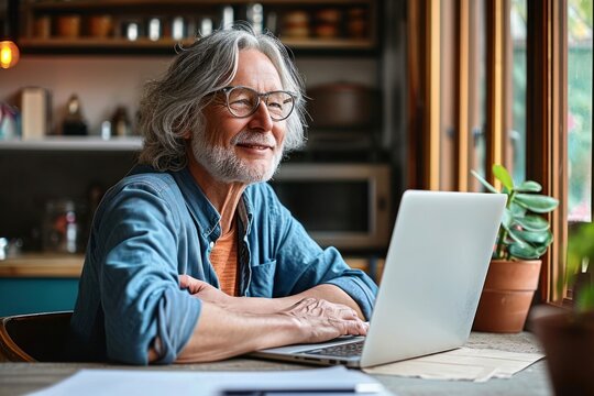 Senior adult mid 50s age watching at window at home sitting at table with laptop. Feeling happy and smiling to thoughts about future positive vision of successful training career after, Generative AI 