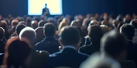 Naklejka premium Corporate learning hub. Group of professionals engaged in business conference attending lecture on entrepreneurship and leadership in well lit auditorium creating of collaboration and knowledge