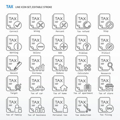 Tax icon set - Line Icons, Editable stroke. Same as tax, accounting, audit, taxes, vat, bank, money, personal; income, value, financial, taxes.