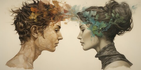 An artwork depicts two women, their faces turned towards each other.