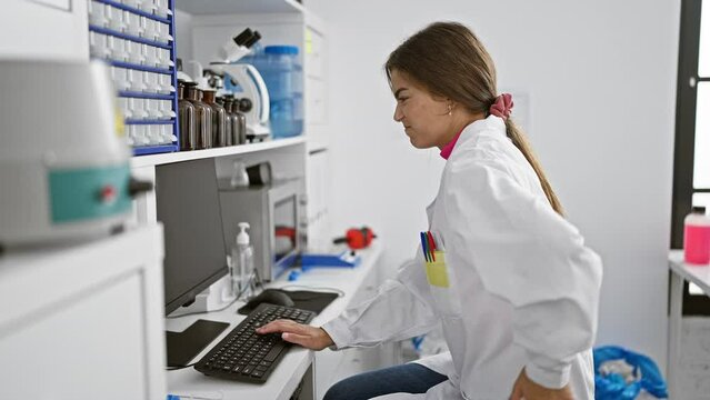 In the bustling lab, young and beautiful hispanic woman scientist battles backache while working extensively on computer
