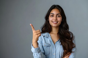 Confident smiling indian young woman professional student customer saleswoman looking at camera pointing at sales copy space isolated on grey studio background, happy lady, Generative AI 