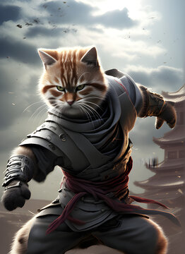 cut cat ninja fighting on the battlefield