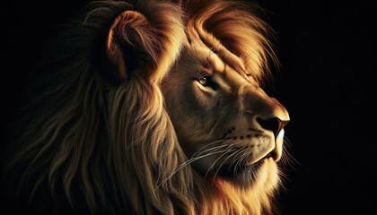 Naklejka premium Majestic Regal King of the jungle an African Male lion on a black background