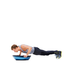 Obraz premium Man, exercise and push ups with bosu ball for fitness, workout or training on a white studio background. Active male person lifting body weight for strength, muscle or strong arms on mockup space