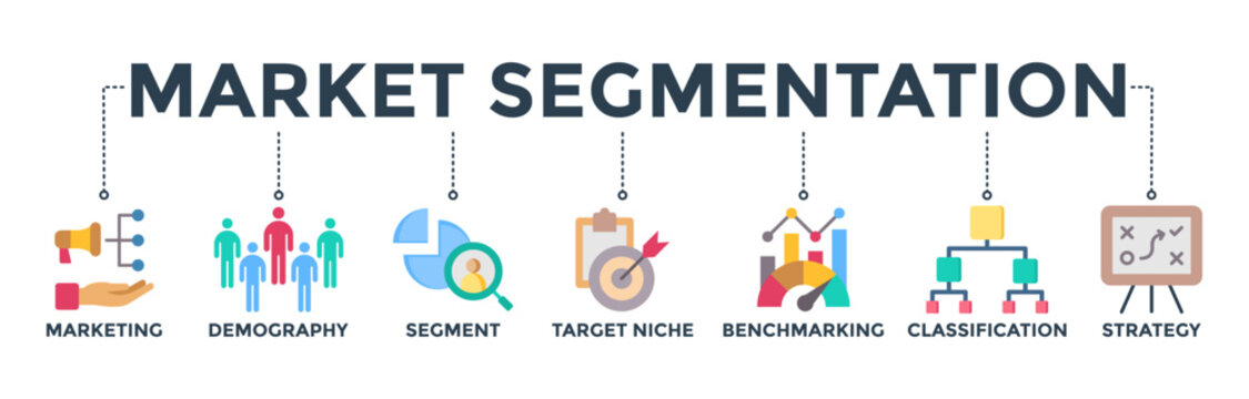 Market segmentation banner concept with icon of marketing, demography, segment, target niche, benchmarking, classification, strategy. Web icon vector illustration