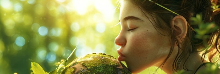 Attractive woman kissing planet earth against green nature background. Earth day, Enviroment Day, Save the World, Environmental conservation - obrazy, fototapety, plakaty