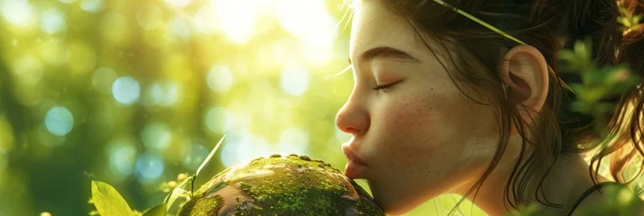 Foto op Plexiglas Attractive woman kissing planet earth against green nature background. Earth day, Enviroment Day, Save the World, Environmental conservation © CYBERUSS