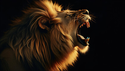 Majestic African Lion Snarling King of the jungle on black background in Africa.