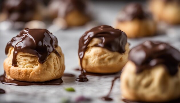Chocolate profiteroles on a baking sheet, selective focus.