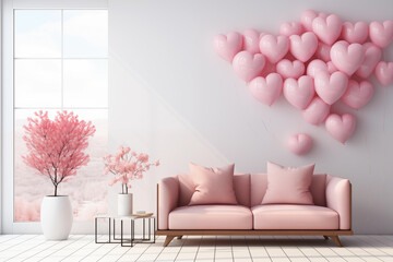 Living room interior in modern home with Valentine's Day, anniversary or celebrate decoration
