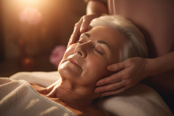 Face massage. Spa skin and body care. Close-up of an elderly lady with gray hair receiving a spa massage at a spa salon. Facial cosmetic procedures. - obrazy, fototapety, plakaty