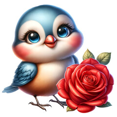 Obraz premium Cute bird with Rose Flower Watercolor Clipart isolated on Transparent Background, Valentines Animal with Flowers Clipart. 