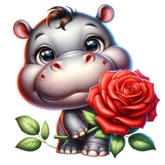 Cute Hippopotamus with Rose Flower Watercolor Clipart isolated on Transparent Background, Valentines Animal with Flowers Clipart.
