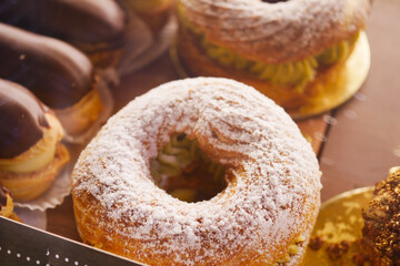chocolate donuts display for sale at local store 