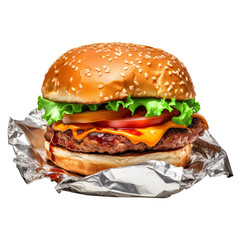 Beef Burger on foil paper isolated on a transparent background