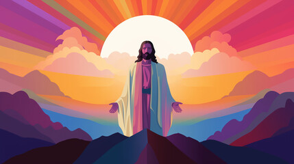 Silhouette of Jesus Christ against sun with different color rays of light. Christianity background,