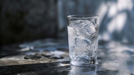 Crystal Clear Glass of Sparkling Water with Ice Cubes on a Reflective Surface, Illuminated by Natural Light