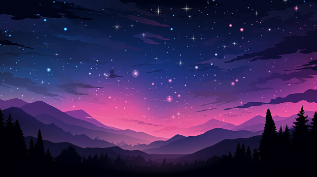 Pink and purple vector sky with mountains and colorful clouds on the background.